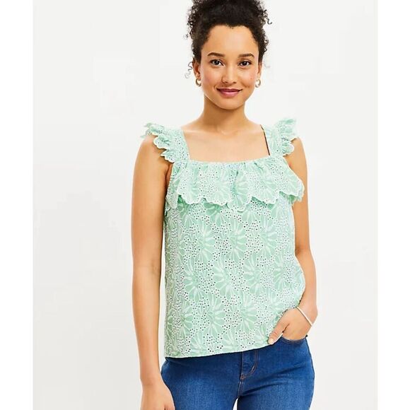 NEW WITH TAGS LOFT Eyelet Ruffle Square Neck Tank Top Blouse Size XL - Picture 2 of 9